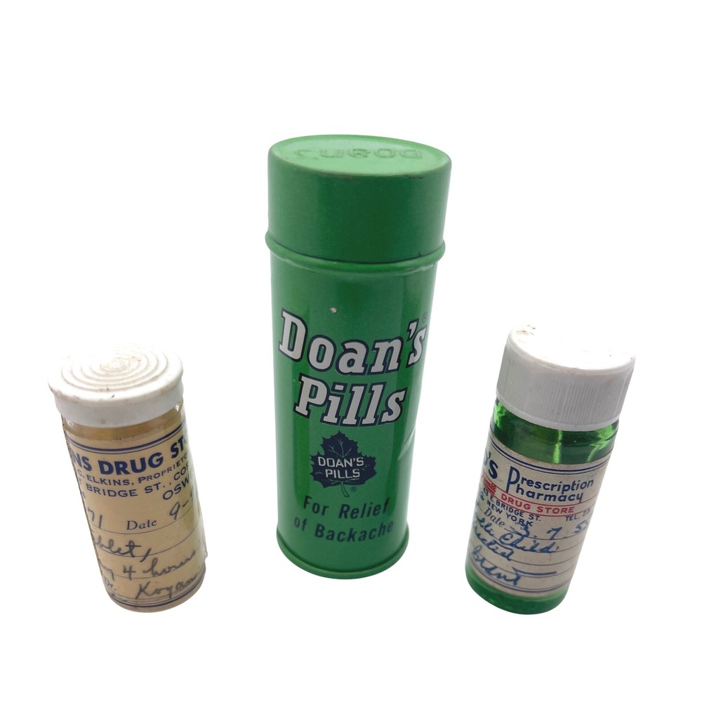 VTG Doans Pills Green‎ Tin and Two VTG Small Prescription Pharmacy Bottles